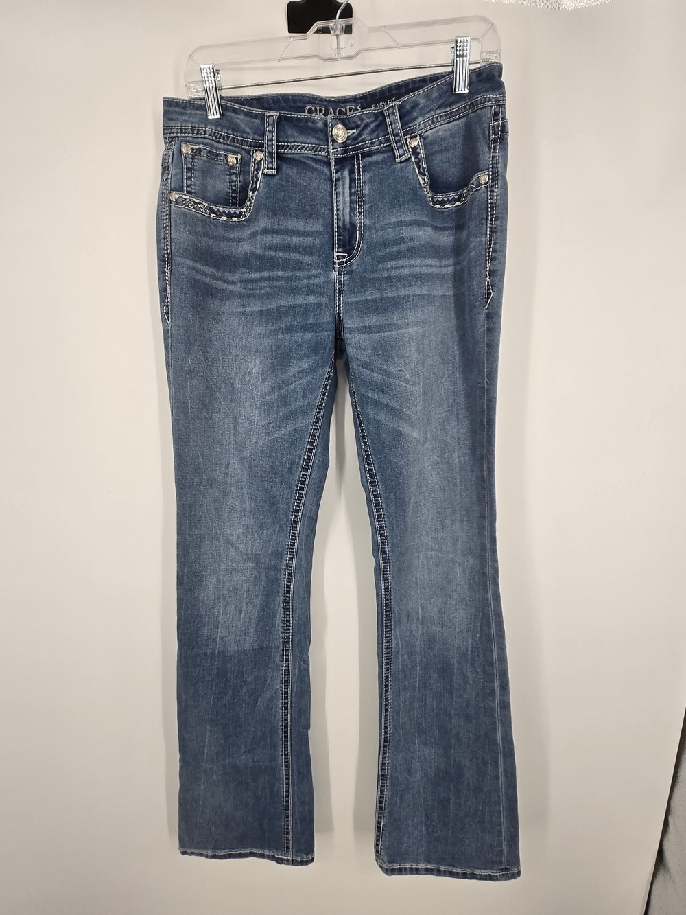 Grace in LA Blue Bootcut Jeans Embellished Horseshoe Pocket 30 Waist (7713)